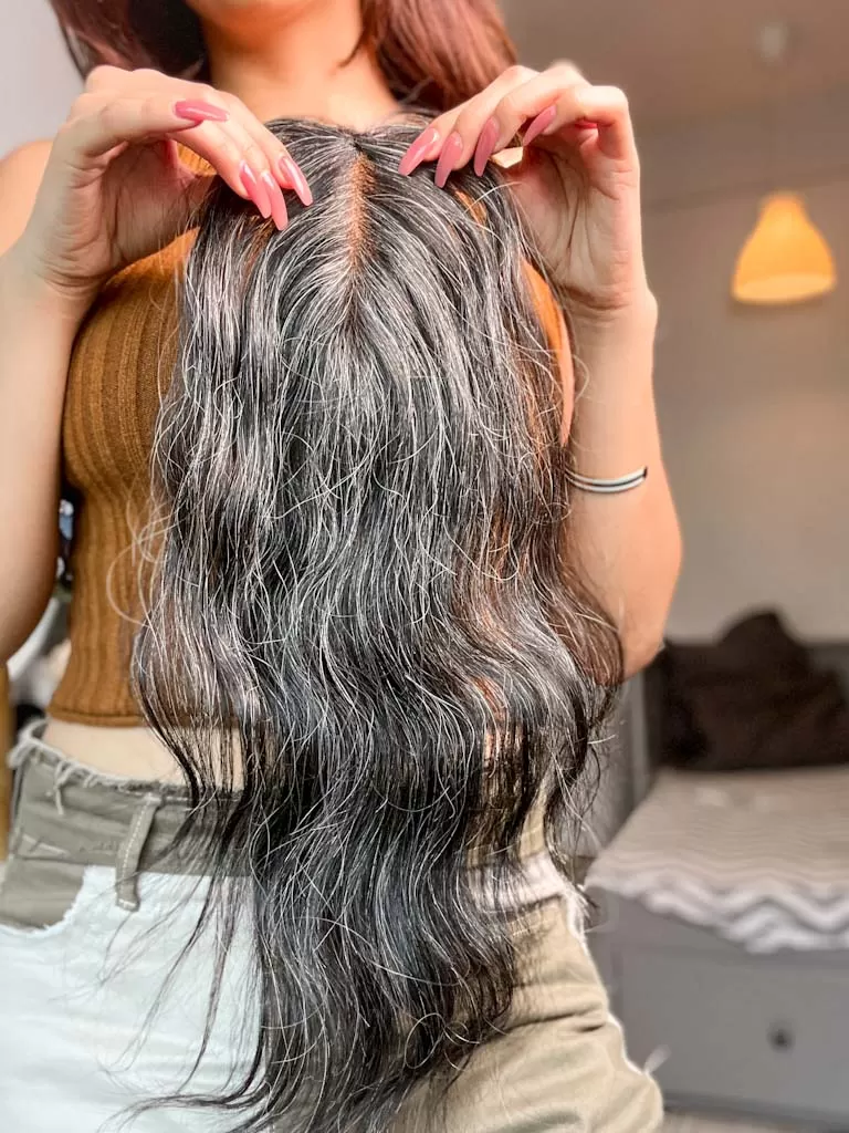 Salt & Pepper Faux Scalp – Lace Base 2×6 inch | Grey Human Hair Topper | Nish Hair - Image 3